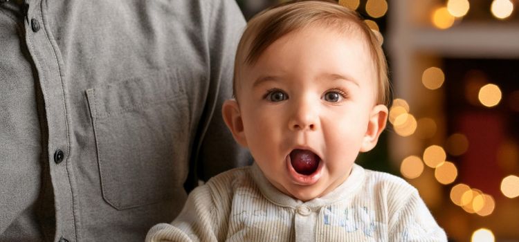 Baby yawning or showing signs of fatigue, suggesting the importance of an early bedtime after missing a nap