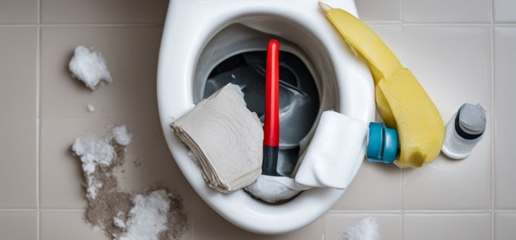 Clogged toilet with a plumber's tool, highlighting the potential issues of flushing baby wipes