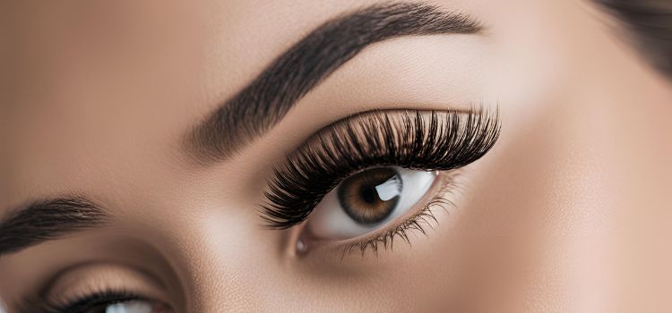 Close-up of a pregnant woman’s eyes with applied false eyelashes, using Duo Eyelash Glue safely