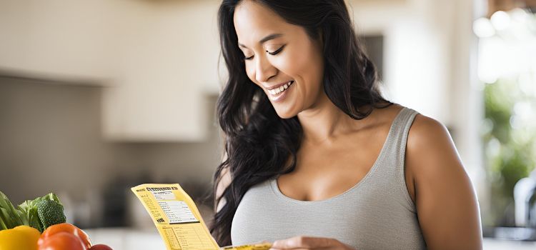 Pregnant woman reading a nutritional label, emphasizing the importance of understanding ingredients and their safety in clam chowder